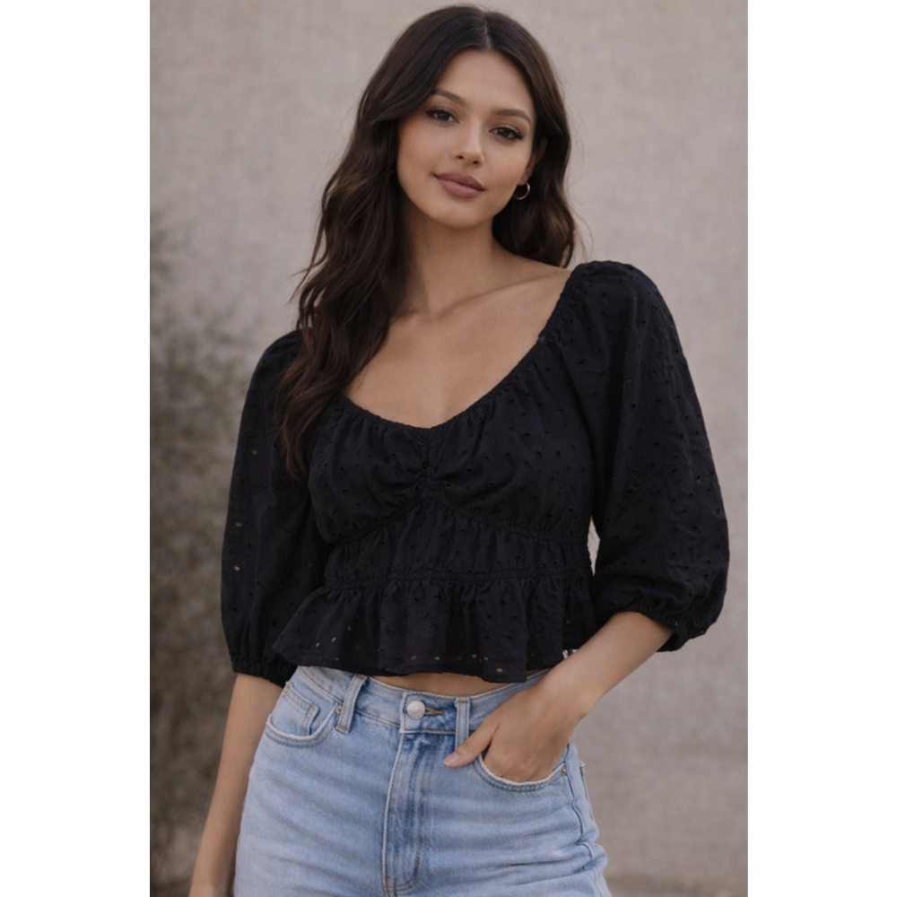 A New Day Black Eyelet Crop Top Size Medium EUC Puff Sleeve Babydoll Cottagecore